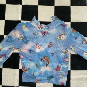 Sheer Butterfly Long-Sleeve Crop Top